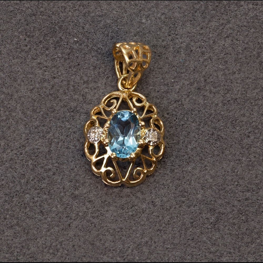 14k Yellow Gold Blue Topaz & Diamond Pendant